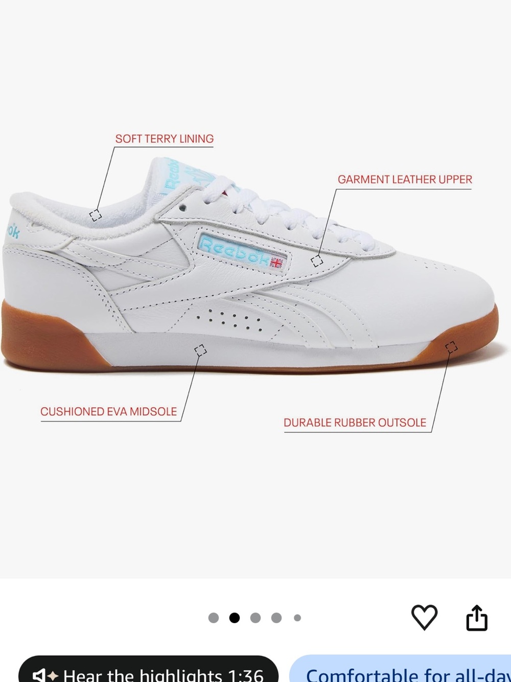 Reebok Freestyle lo White Leather SneakersLight Blue Logo and GumSole never worn - Picture 3 of 8